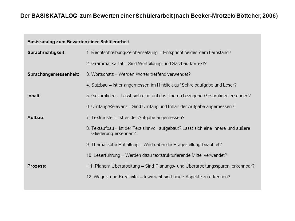 Der BASISKATALOG zum Bewerten einer Schülerarbeit (nach Becker-Mrotzek/ Böttcher, 2006)