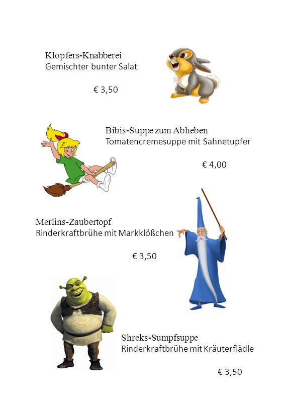 Klopfers-Knabberei Gemischter bunter Salat. € 3,50. Bibis-Suppe zum Abheben. Tomatencremesuppe mit Sahnetupfer.