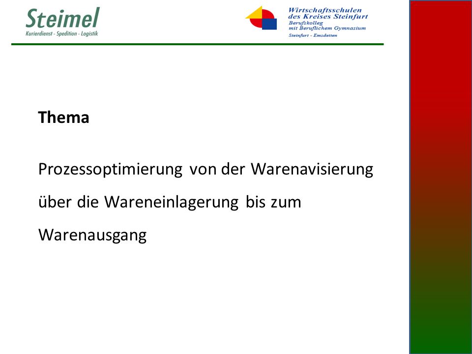 Thema Prozessoptimierung von der Warenavisierung über die Wareneinlagerung bis zum Warenausgang