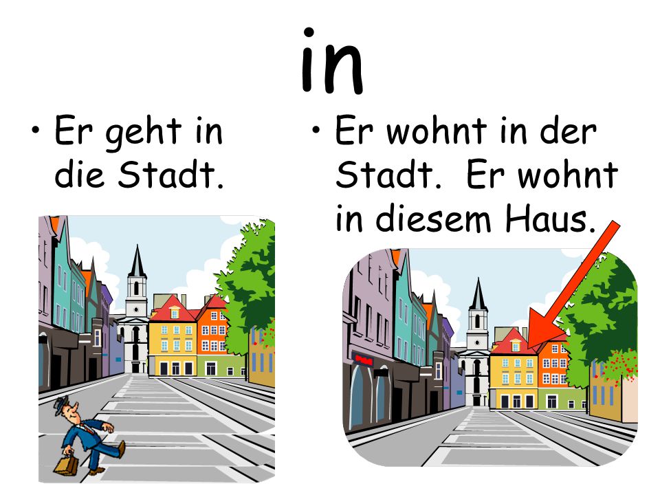 in Er geht in die Stadt. Er wohnt in der Stadt. Er wohnt in diesem Haus.