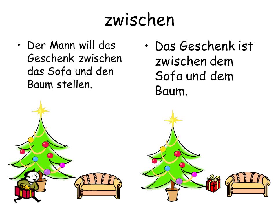 zwischen Das Geschenk ist zwischen dem Sofa und dem Baum.