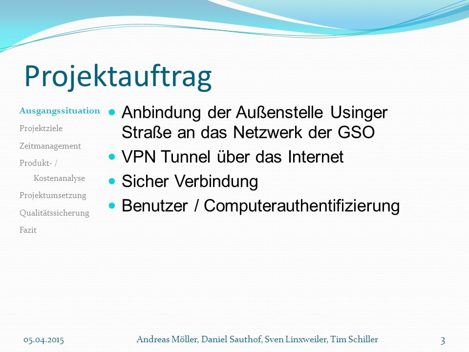 Projektauftrag Ausgangssituation. Projektziele. Zeitmanagement. Produkt- / Kostenanalyse. Projektumsetzung.