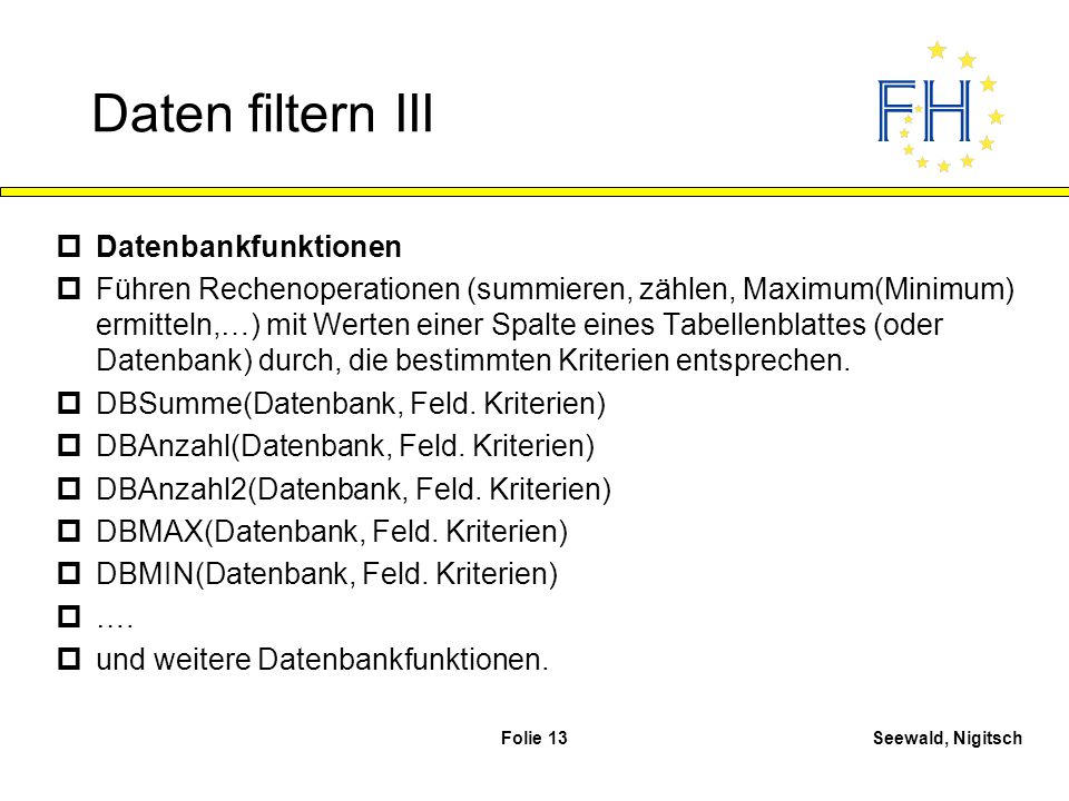Daten filtern III Datenbankfunktionen