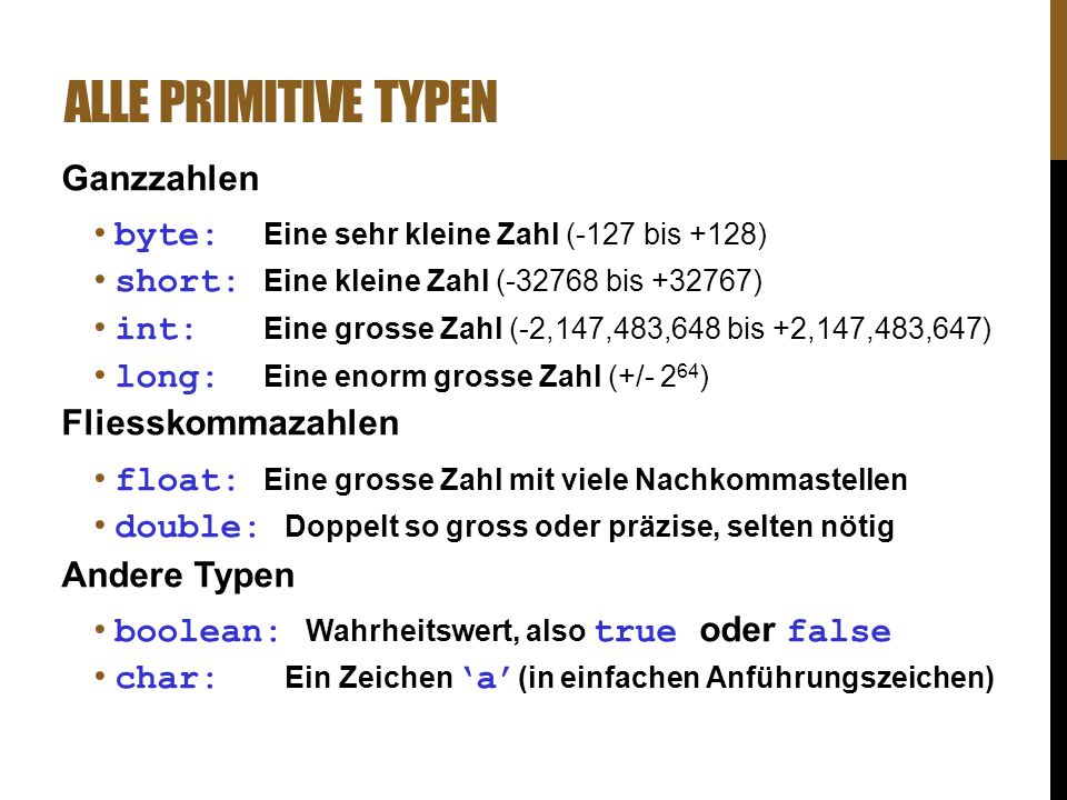 Alle Primitive Typen Ganzzahlen