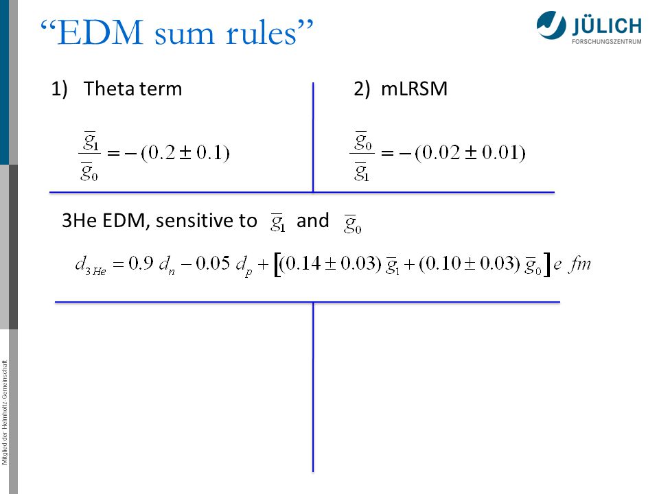 EDM sum rules 1) Theta term 2) mLRSM 3He EDM, sensitive to and