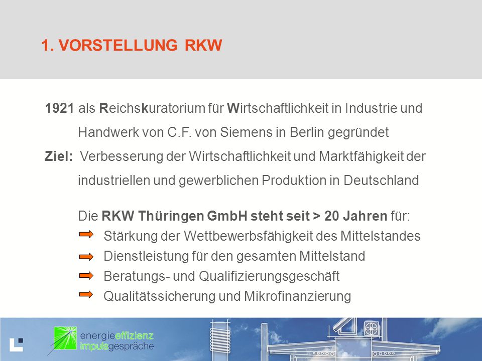 1. Vorstellung RKW 1921 als Reichskuratorium für Wirtschaftlichkeit in Industrie und. Handwerk von C.F. von Siemens in Berlin gegründet.