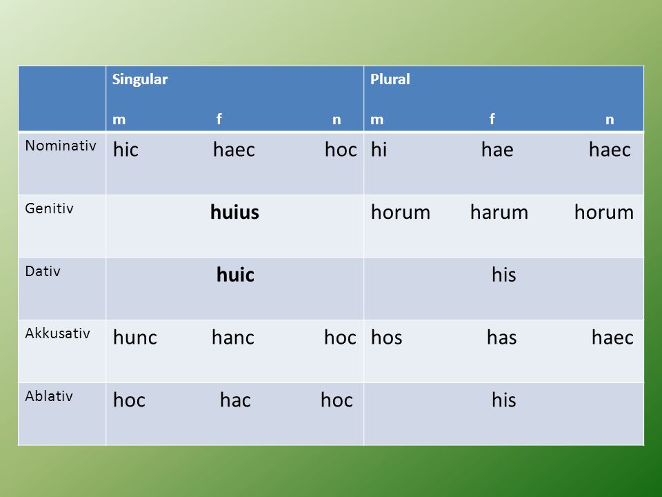 hic haec hoc hi hae haec huius horum harum horum huic his