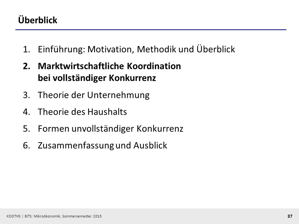 Überblick Einführung: Motivation, Methodik und Überblick. Marktwirtschaftliche Koordination bei vollständiger Konkurrenz.