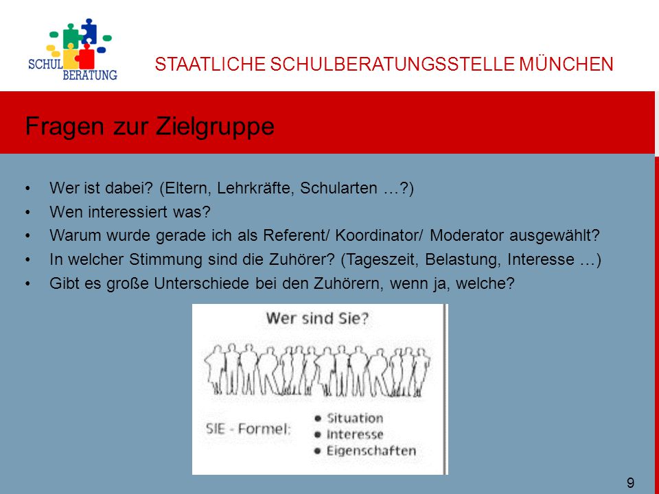 Fragen zur Zielgruppe Wer ist dabei (Eltern, Lehrkräfte, Schularten … ) Wen interessiert was