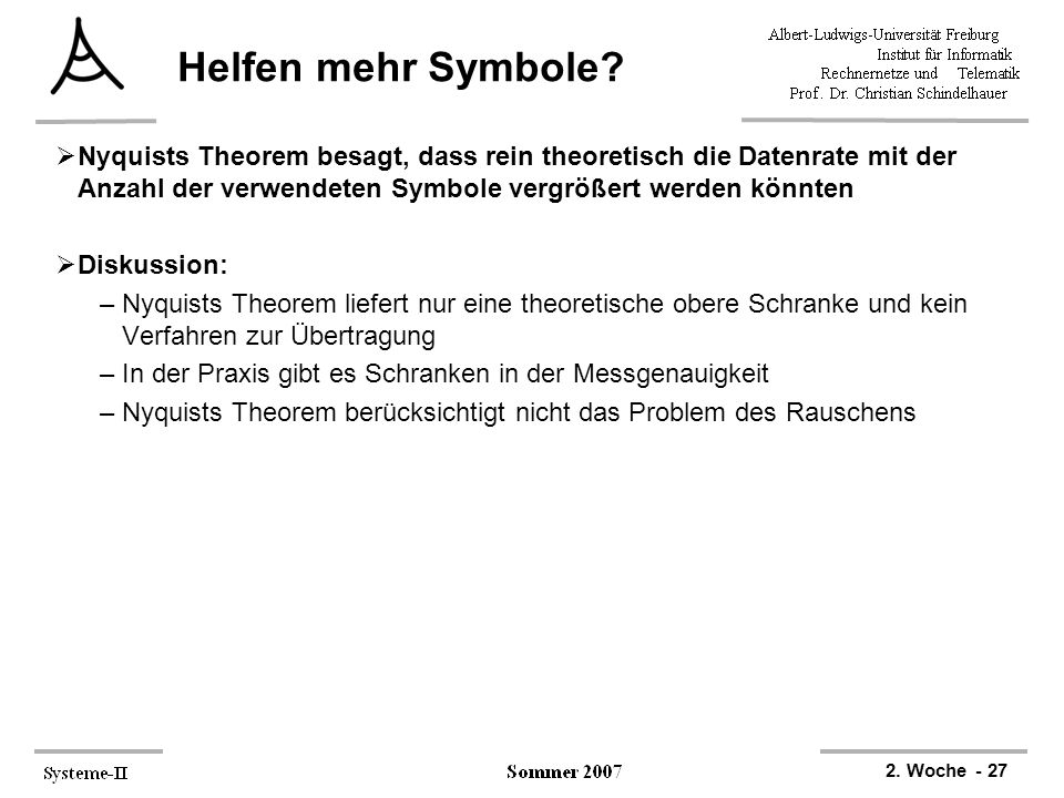 Helfen mehr Symbole Nyquists Theorem besagt, dass rein theoretisch die Datenrate mit der Anzahl der verwendeten Symbole vergrößert werden könnten.