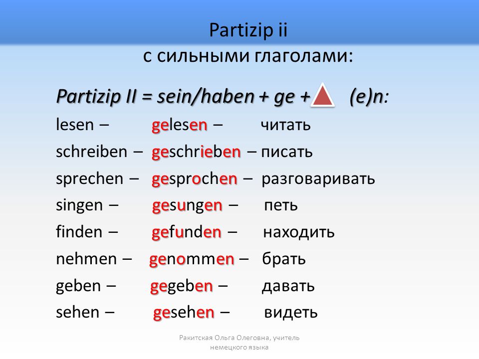 Partizip II = sein/haben + ge (e)n. sprechen - gesprochen - разговаривать. ...
