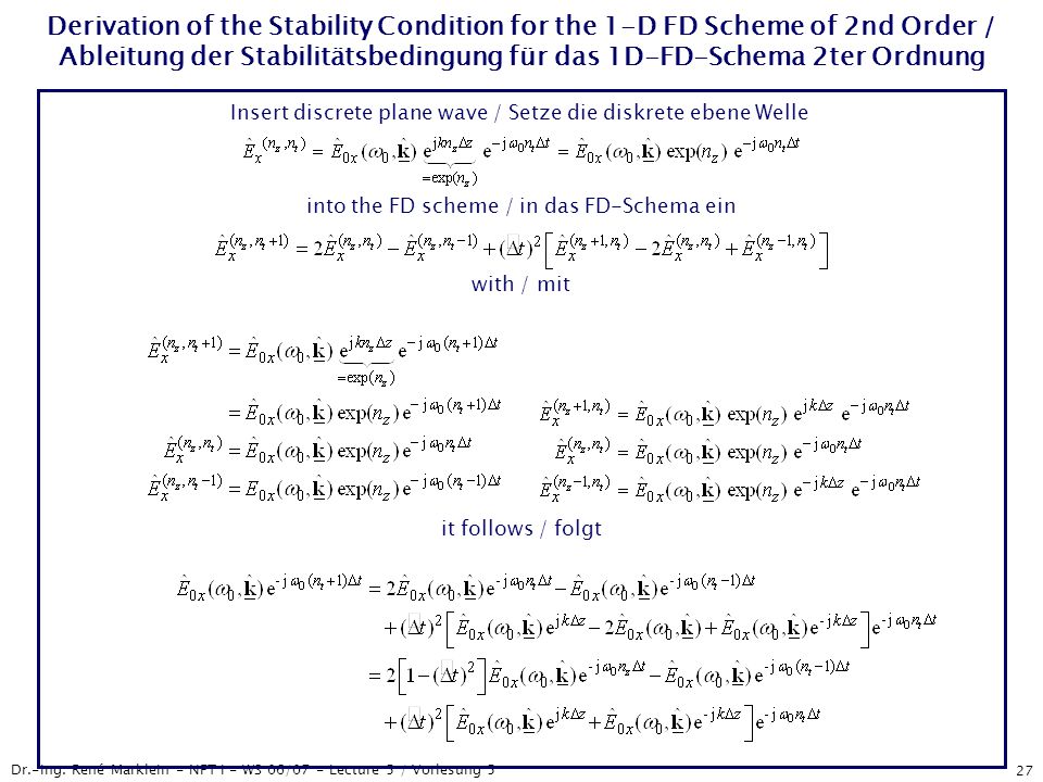 Derivation of the Stability Condition for the 1-D FD Scheme of 2nd Order / Ableitung der Stabilitätsbedingung für das 1D-FD-Schema 2ter Ordnung