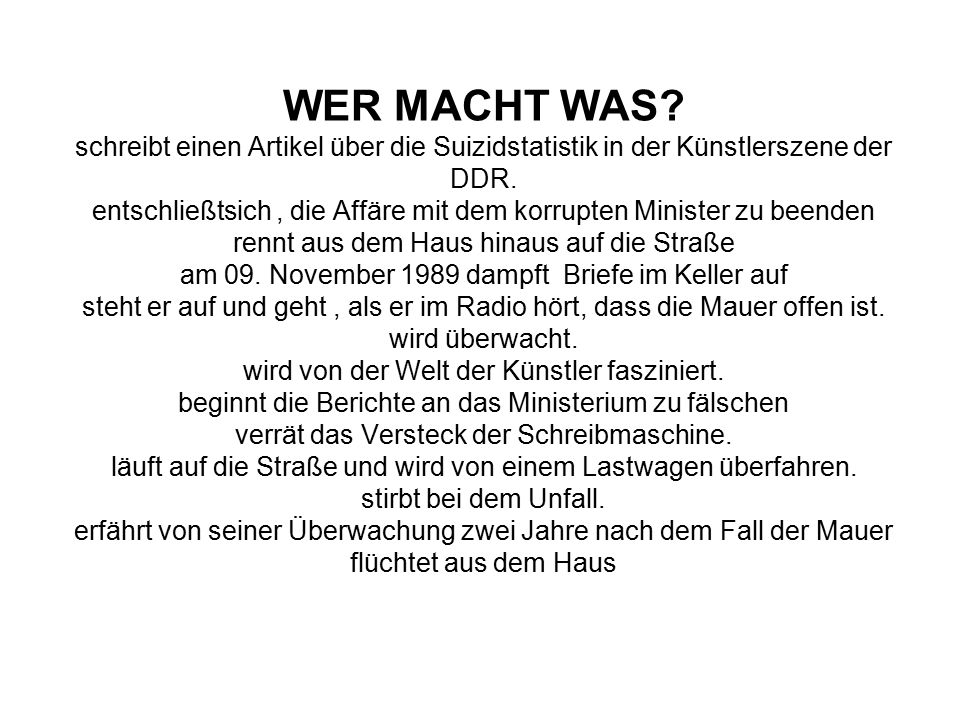 WER MACHT WAS. schreibt einen Artikel über die Suizidstatistik in der Künstlerszene der DDR.