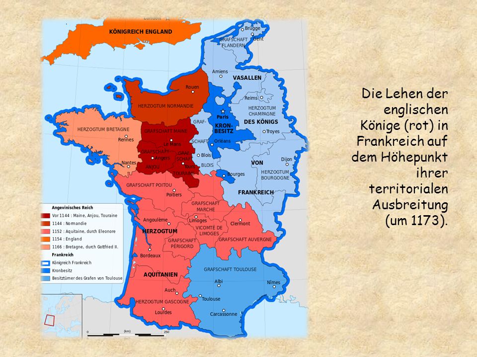Die Lehen der englischen Könige (rot) in Frankreich auf dem Höhepunkt ihrer territorialen Ausbreitung (um 1173).