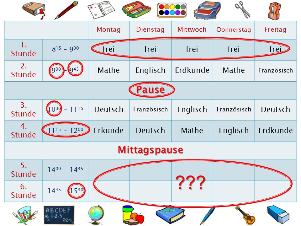 Pause Mittagspause 1. Stunde frei 2. Stunde Mathe Englisch