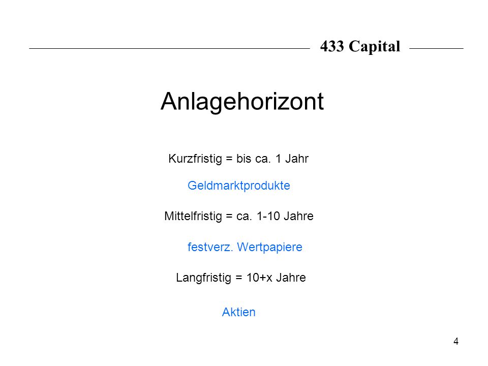 Anlagehorizont 433 Capital Kurzfristig = bis ca. 1 Jahr