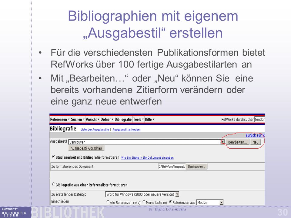 Ausgabestil Editor Verändern eines vorhandenen Ausgabestils mit „Bearbeiten…