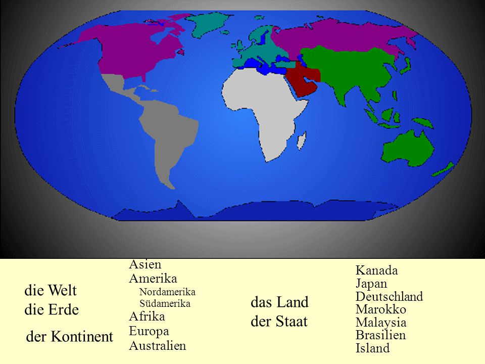 die Welt die Erde das Land der Staat der Kontinent Asien Amerika