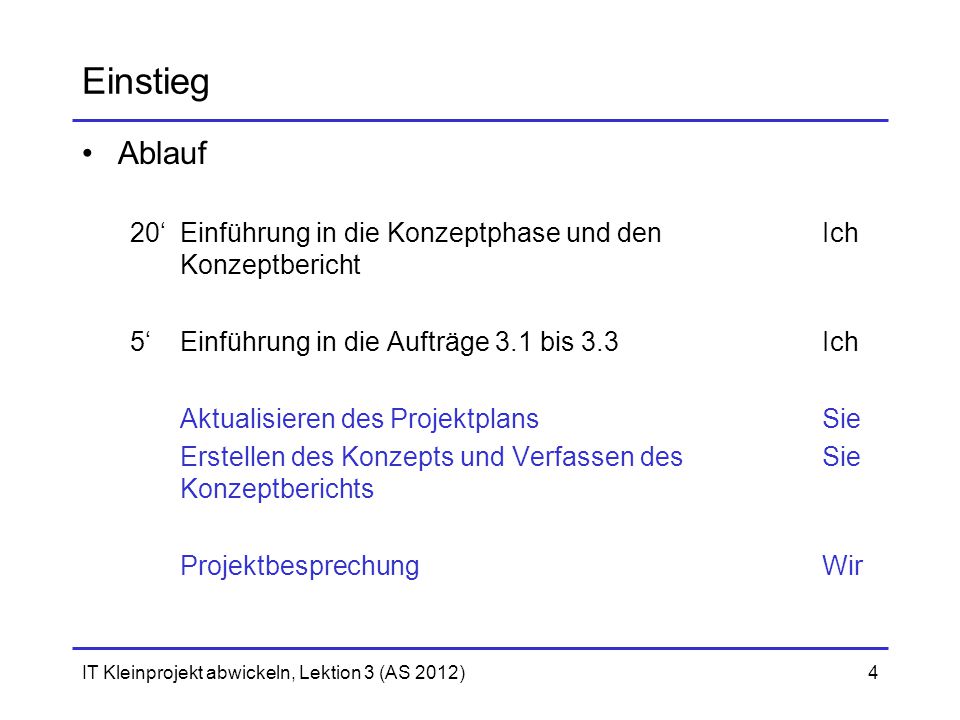 Einstieg Ablauf. 20‘ Einführung in die Konzeptphase und den Ich Konzeptbericht. 5‘ Einführung in die Aufträge 3.1 bis 3.3 Ich.