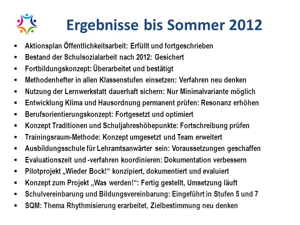 Ergebnisse bis Sommer 2012 Aktionsplan Öffentlichkeitsarbeit: Erfüllt und fortgeschrieben. Bestand der Schulsozialarbeit nach 2012: Gesichert.