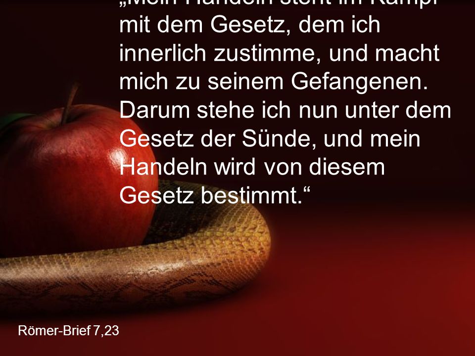 „Mein Handeln steht im Kampf mit dem Gesetz, dem ich innerlich zustimme, und macht mich zu seinem Gefangenen. Darum stehe ich nun unter dem Gesetz der Sünde, und mein Handeln wird von diesem Gesetz bestimmt.