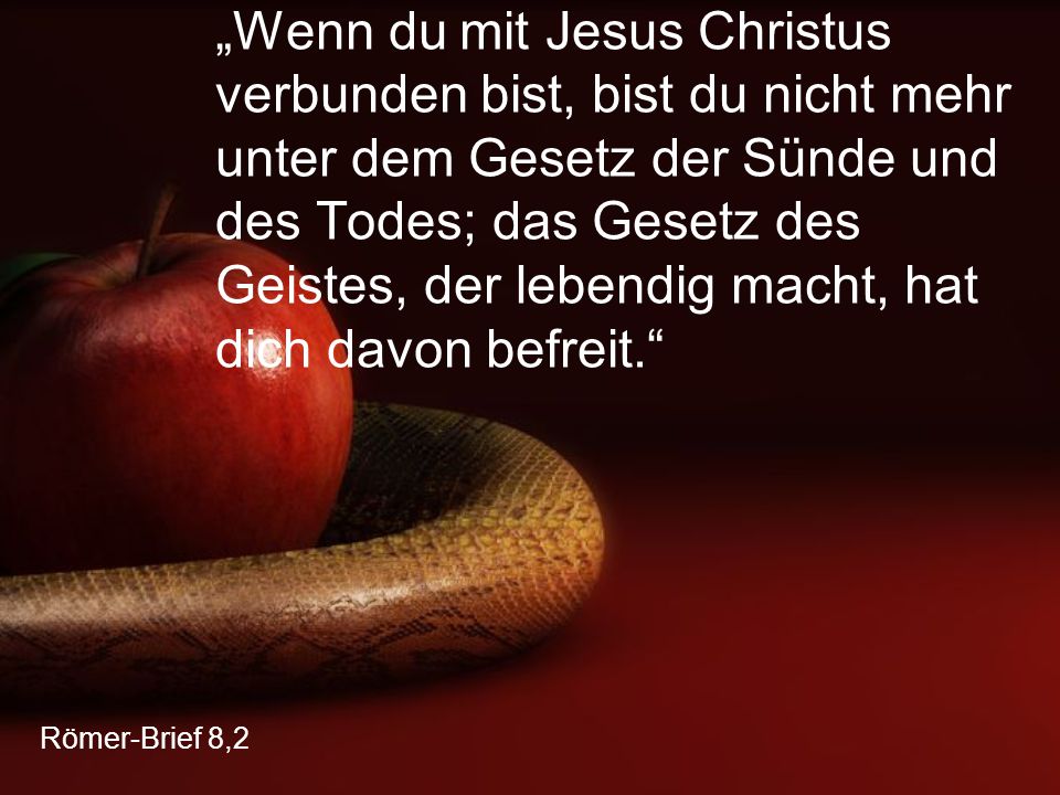 „Wenn du mit Jesus Christus verbunden bist, bist du nicht mehr unter dem Gesetz der Sünde und des Todes; das Gesetz des Geistes, der lebendig macht, hat dich davon befreit.