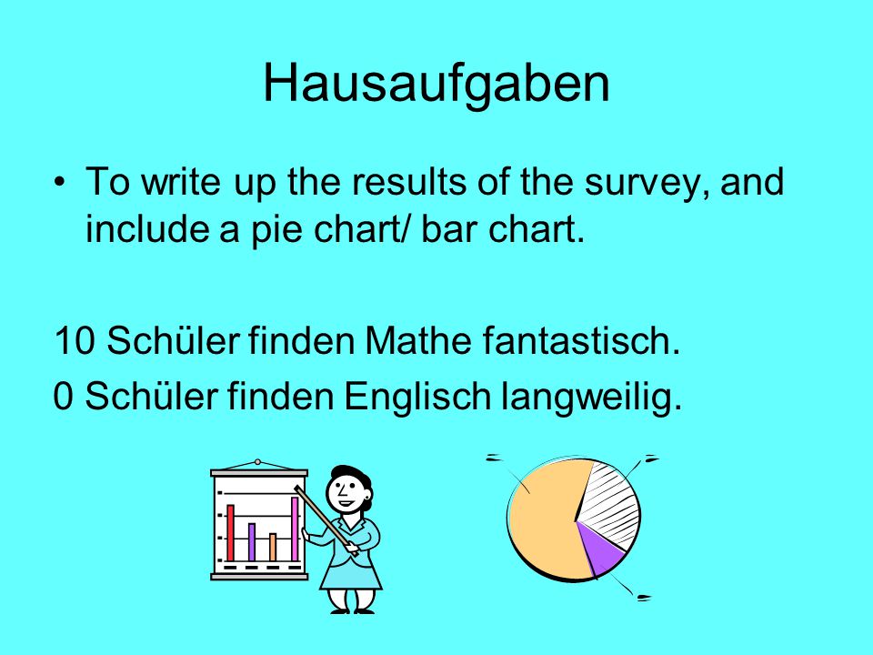 Hausaufgaben To write up the results of the survey, and include a pie chart/ bar chart. 10 Schüler finden Mathe fantastisch.