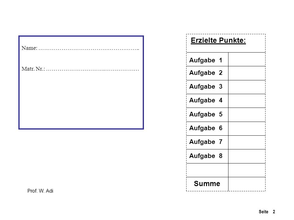 Erzielte Punkte: Summe Aufgabe 1 Aufgabe 2 Aufgabe 3 Aufgabe 4
