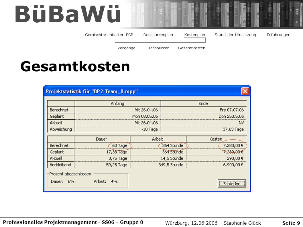 BüBaWü Gemischtorientierter PSP. Ressourcenplan. Kostenplan. Stand der Umsetzung. Erfahrungen. Vorgänge.