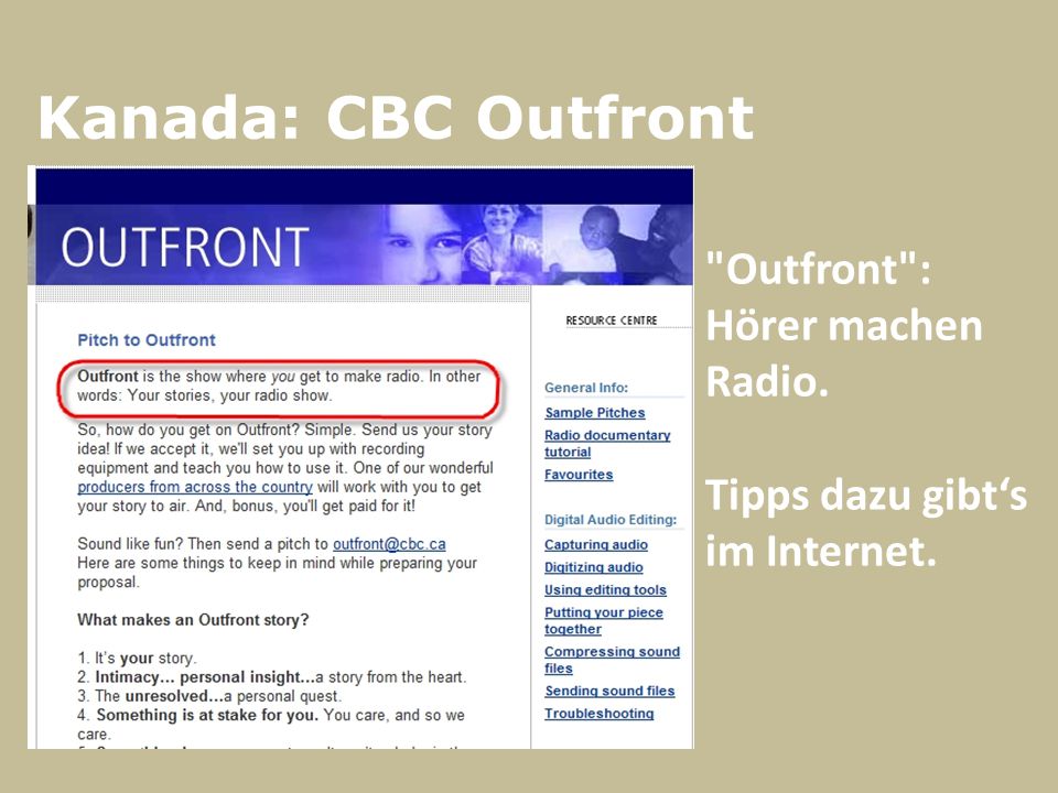 Kanada: CBC Outfront Outfront : Hörer machen Radio. Tipps dazu gibt‘s