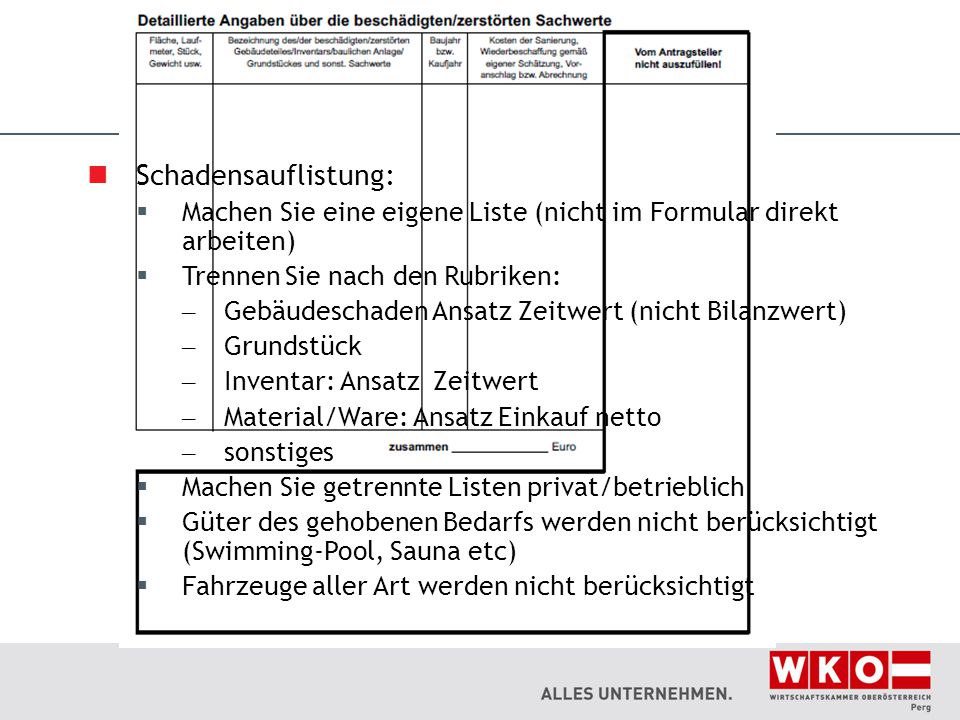 Schadensauflistung: Machen Sie eine eigene Liste (nicht im Formular direkt arbeiten) Trennen Sie nach den Rubriken: