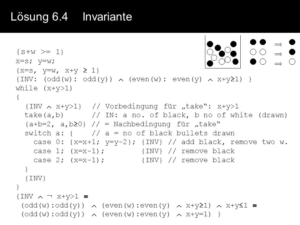Lösung 6.4 Invariante {s+w >= 1}  x=s; y=w; {x=s, y=w, x+y  1}