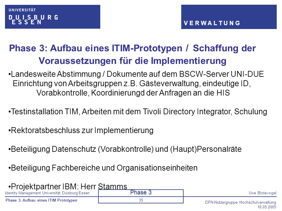 Phase 3: Aufbau eines ITIM-Prototypen / Schaffung der Voraussetzungen für die Implementierung