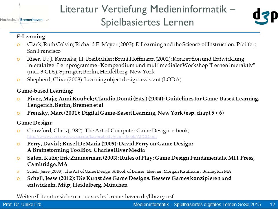 Literatur Vertiefung Medieninformatik – Spielbasiertes Lernen