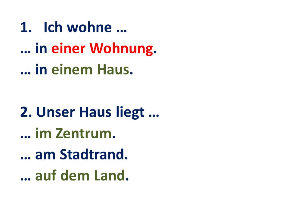 Ich wohne … … in einer Wohnung. … in einem Haus. 2. Unser Haus liegt … … im Zentrum. … am Stadtrand.