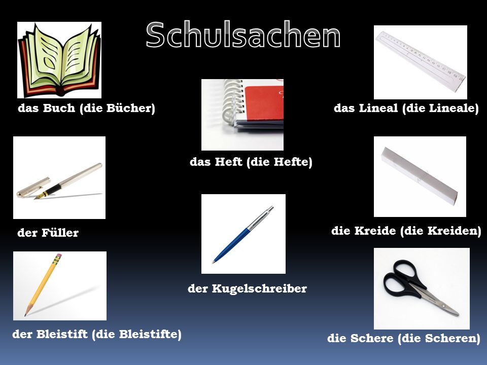 Schulsachen K.K. das Lineal (die Lineale) das Buch (die Bücher)