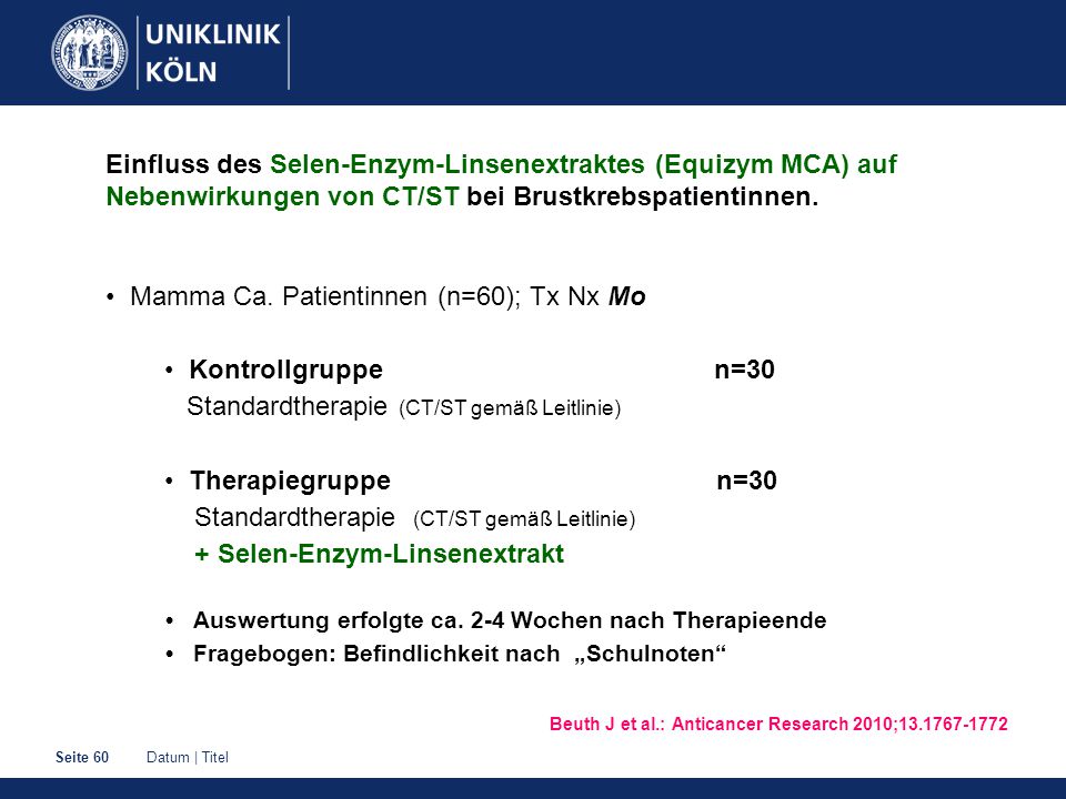 • Mamma Ca. Patientinnen (n=60); Tx Nx Mo • Kontrollgruppe n=30