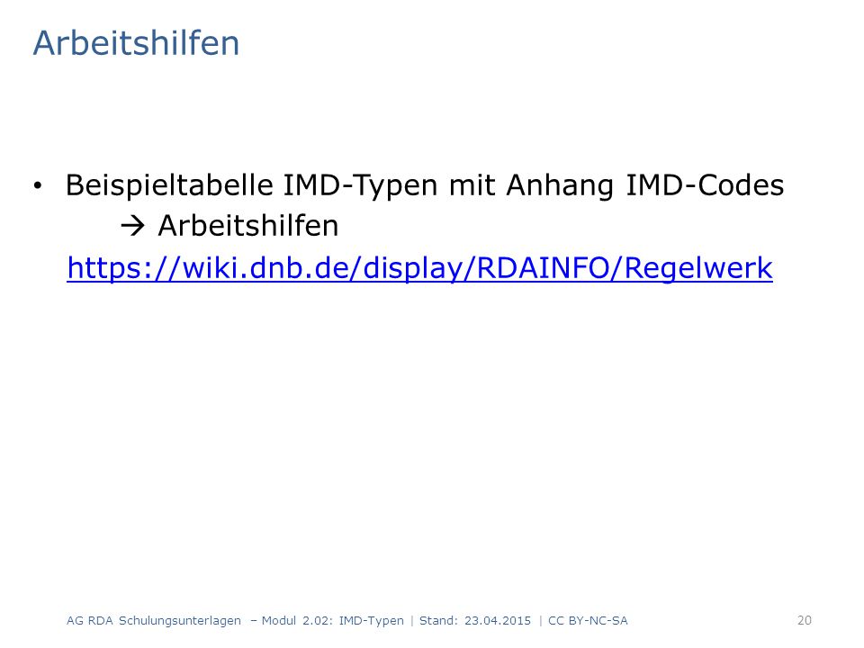 Arbeitshilfen Beispieltabelle IMD-Typen mit Anhang IMD-Codes