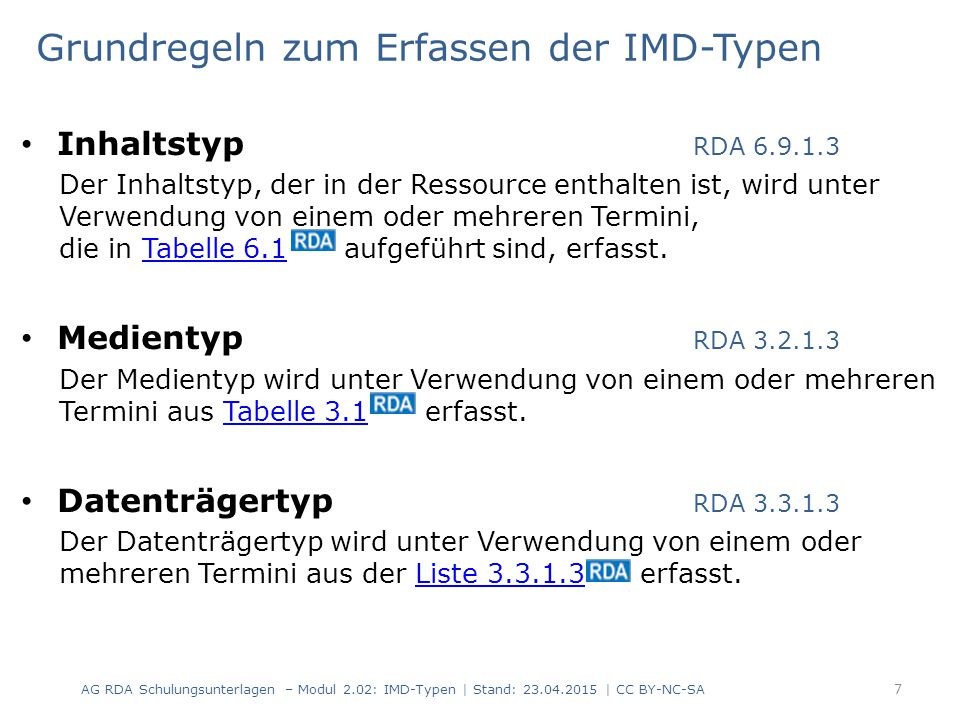 Grundregeln zum Erfassen der IMD-Typen