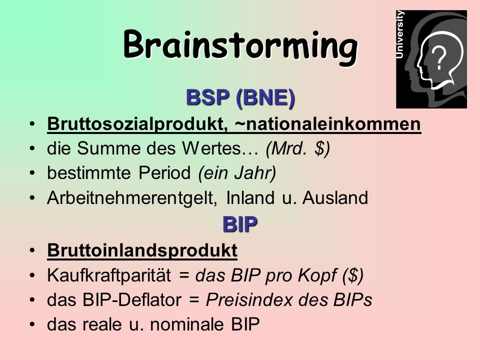 Brainstorming BSP (BNE) BIP Bruttosozialprodukt, ~nationaleinkommen