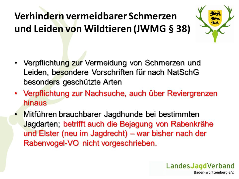 Verhindern vermeidbarer Schmerzen und Leiden von Wildtieren (JWMG § 38)