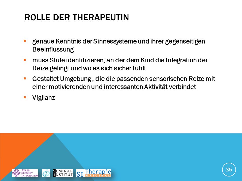 Rolle der Therapeutin genaue Kenntnis der Sinnessysteme und ihrer gegenseitigen Beeinflussung.