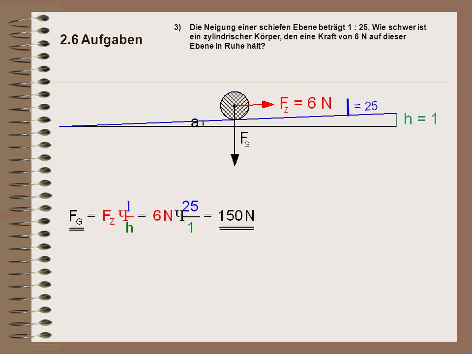 3) Die Neigung einer schiefen Ebene beträgt 1 : 25. Wie schwer ist ein zylindrischer Körper, den eine Kraft von 6 N auf dieser Ebene in Ruhe hält