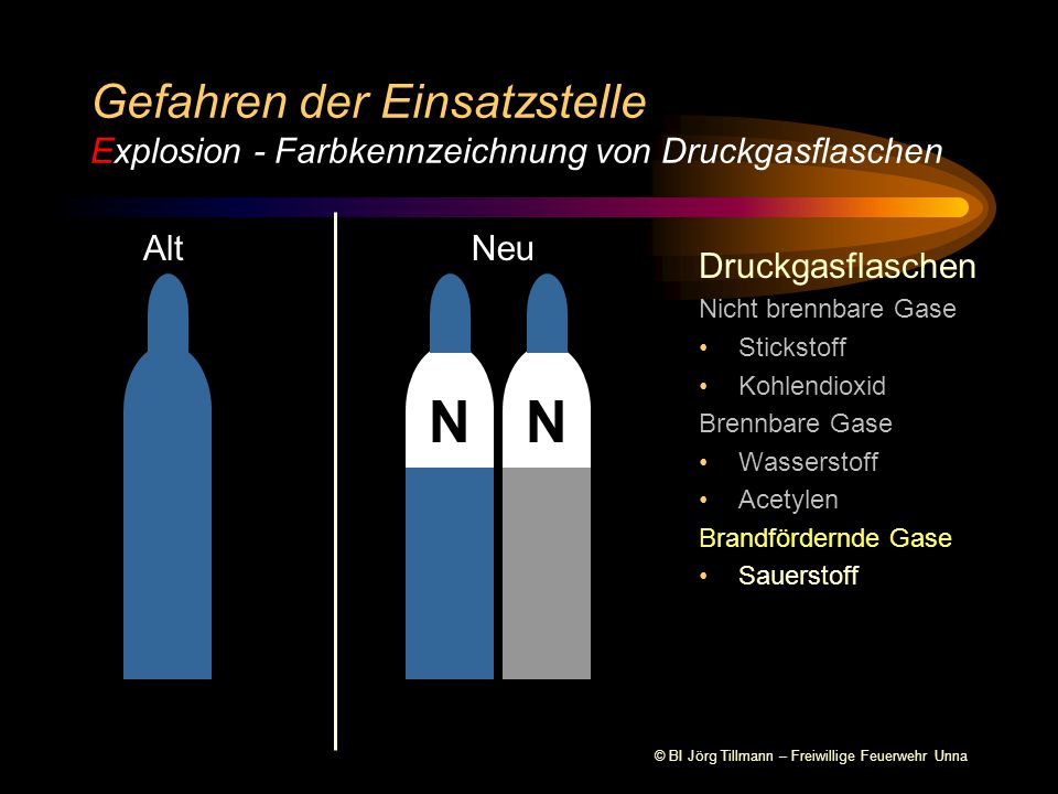 Gefahren der Einsatzstelle Explosion - Farbkennzeichnung von Druckgasflaschen