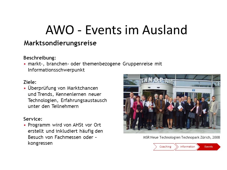 AWO - Events im Ausland Marktsondierungsreise Beispiele: Beschreibung: