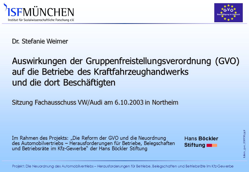 Dr. Stefanie Weimer Auswirkungen der Gruppenfreistellungsverordnung (GVO) auf die Betriebe des Kraftfahrzeughandwerks und die dort Beschäftigten.