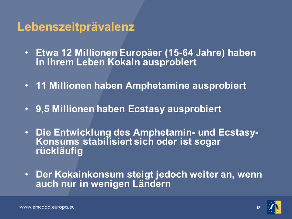 Lebenszeitprävalenz Etwa 12 Millionen Europäer (15-64 Jahre) haben in ihrem Leben Kokain ausprobiert.