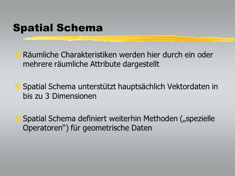 Spatial Schema Räumliche Charakteristiken werden hier durch ein oder mehrere räumliche Attribute dargestellt.