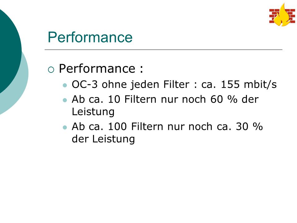 Performance Performance : OC-3 ohne jeden Filter : ca. 155 mbit/s
