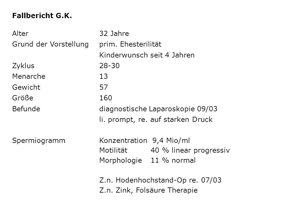 Fallbericht G.K. Alter 32 Jahre. Grund der Vorstellung prim. Ehesterilität. Kinderwunsch seit 4 Jahren.